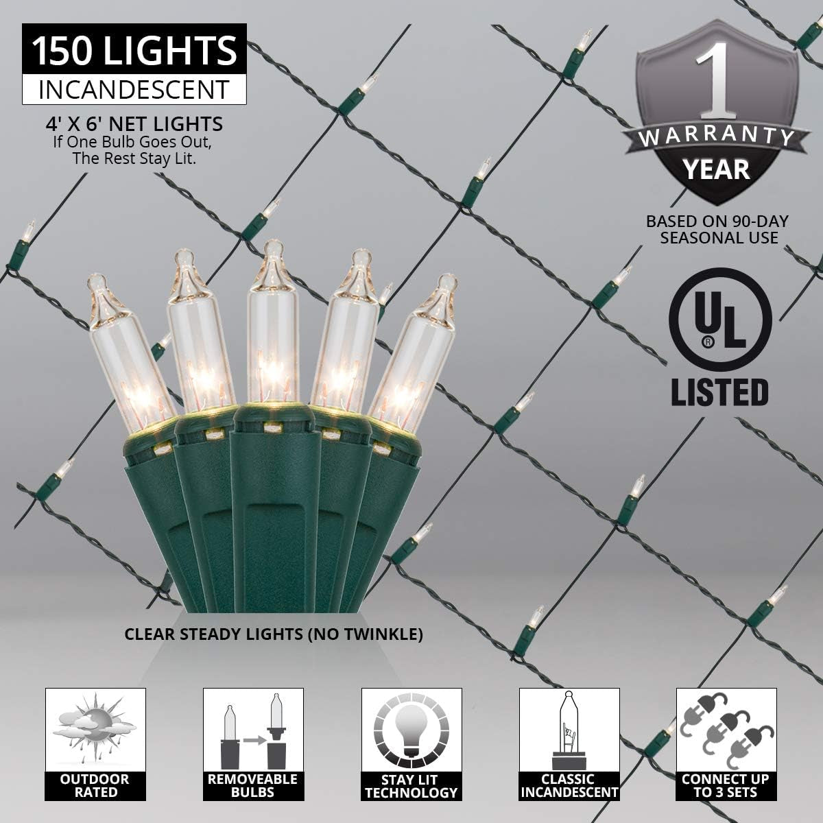 Outdoor Clear Christmas Net Lights, 150 Count Christmas Lights on Green Wire, 4 X 6 Ft Decorative Holiday Lighting for Hedges & Bushes