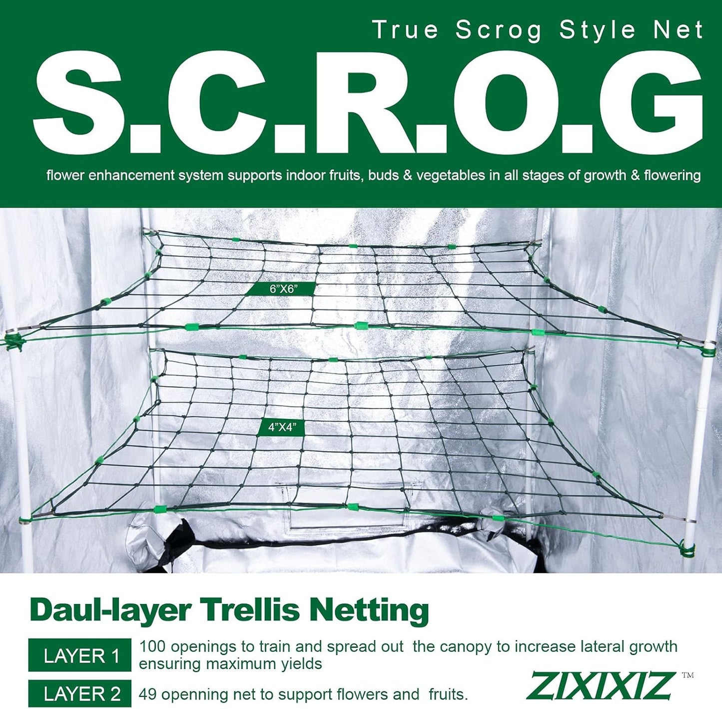 Trellis Netting for 4X4 Ft Grow Tents, Dual-Layer Flexible Net 3X3 Ft with Stainless Steel Hooks&Plant Labels&Garden Plant Twist Tie &Hook and Loop Tape (49&100 Meshes)
