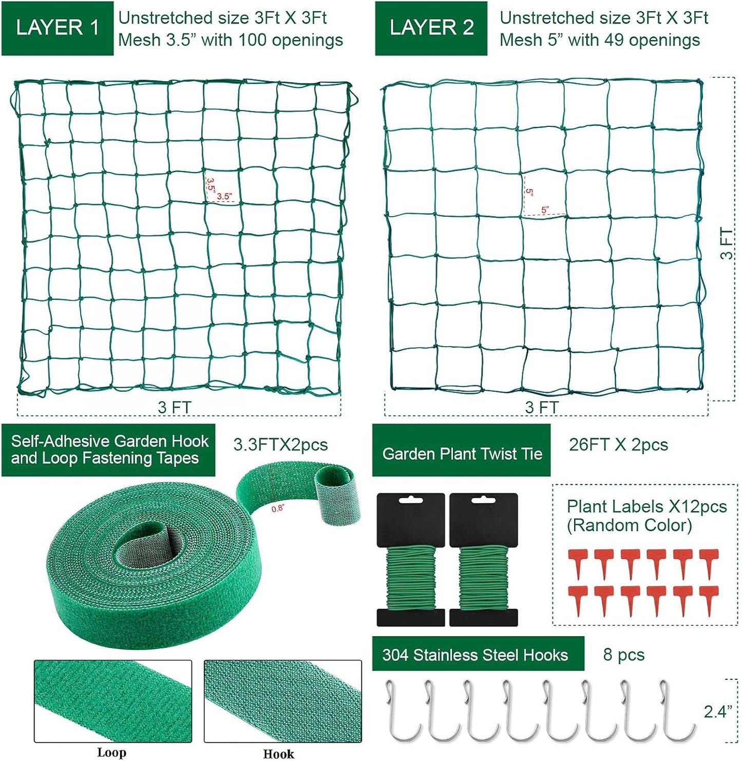 Trellis Netting for 4X4 Ft Grow Tents, Dual-Layer Flexible Net 3X3 Ft with Stainless Steel Hooks&Plant Labels&Garden Plant Twist Tie &Hook and Loop Tape (49&100 Meshes)