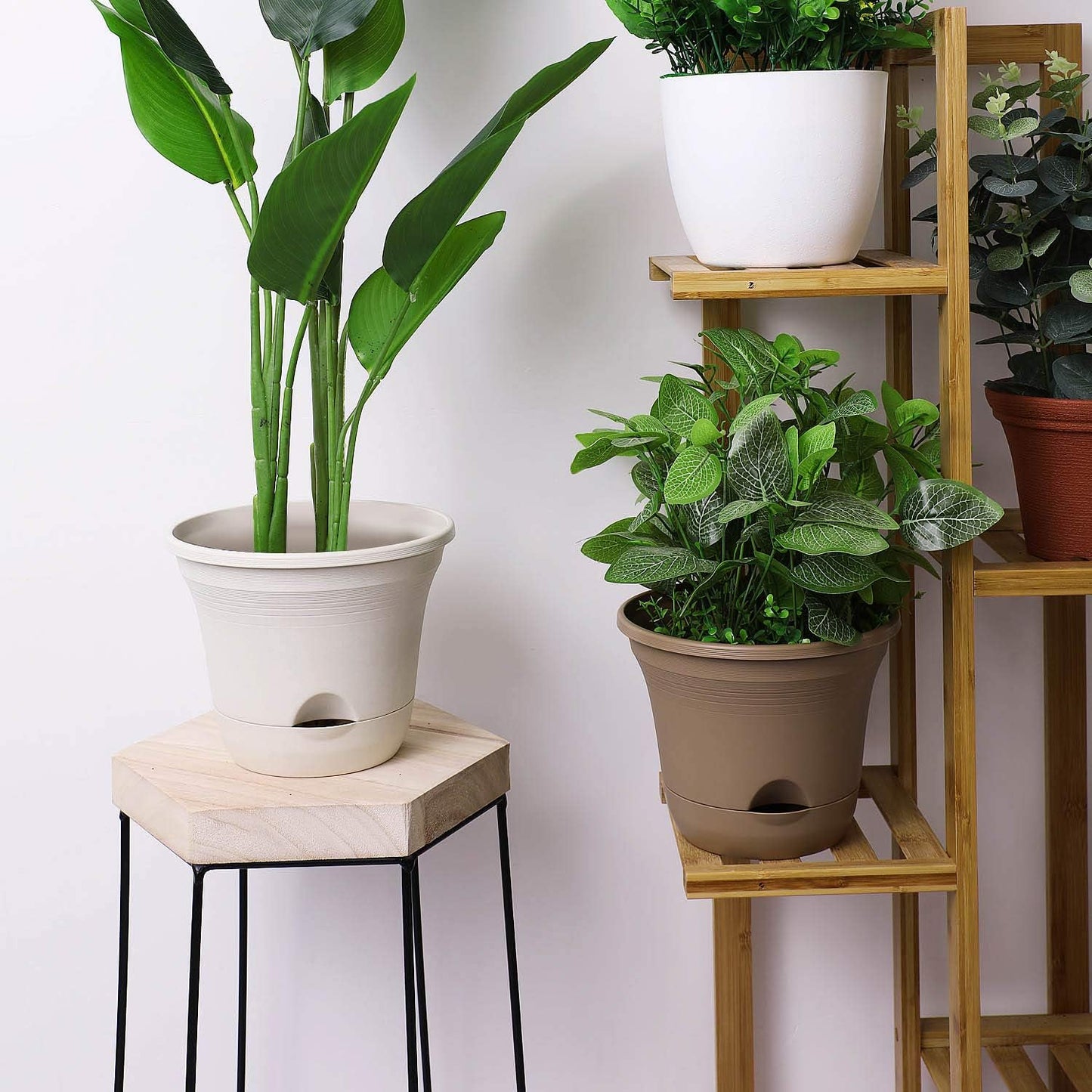 9.5 Inch Self Watering Planter Pot Set of 4 Long-Term Water Storage Plant Pot Deep Reservoir Planter Pot Container for House Plants, Flowers, Herbs, Succulents Home Decoration (Beige)