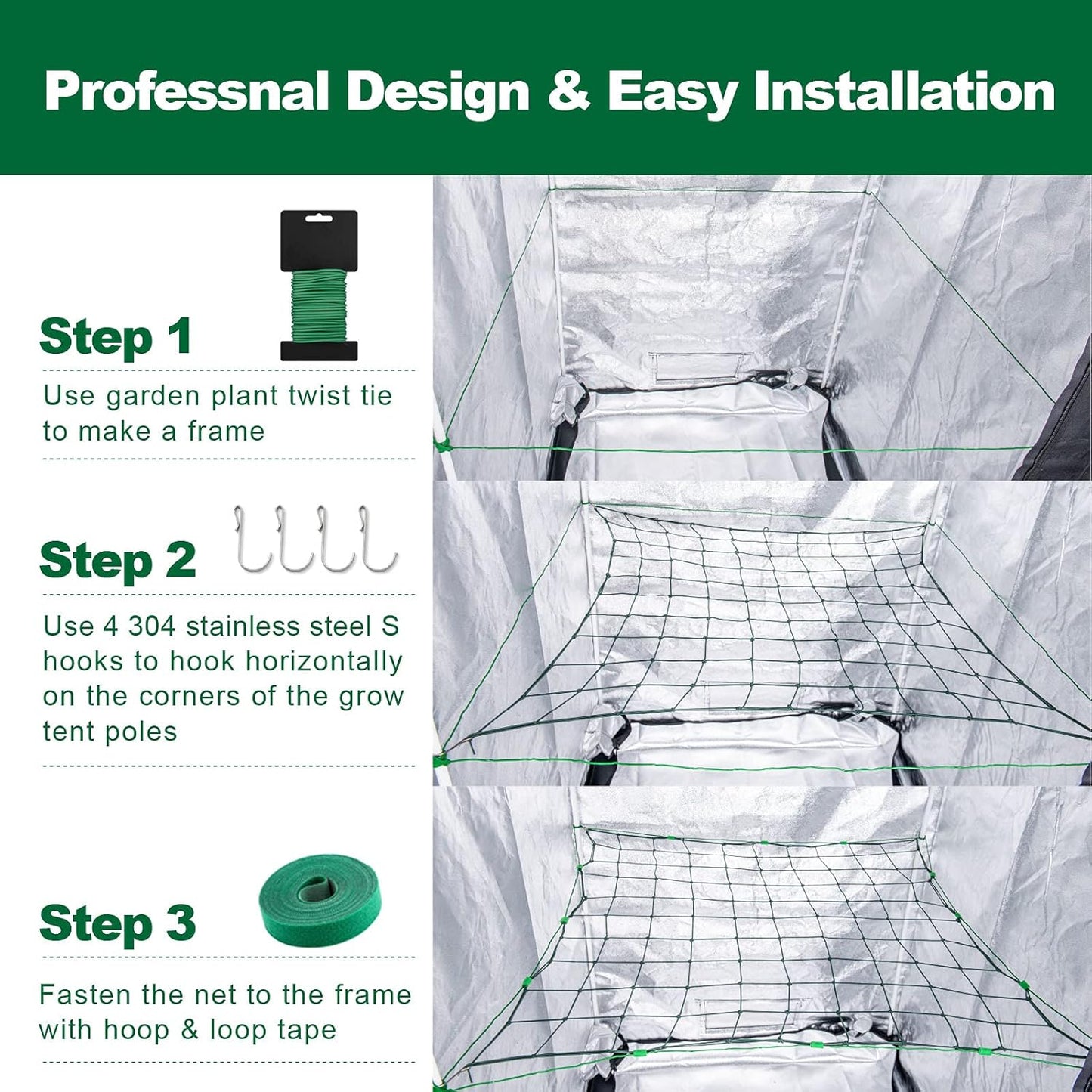 Trellis Netting for 4X4 Ft Grow Tents, Dual-Layer Flexible Net 3X3 Ft with Stainless Steel Hooks&Plant Labels&Garden Plant Twist Tie &Hook and Loop Tape (49&100 Meshes)