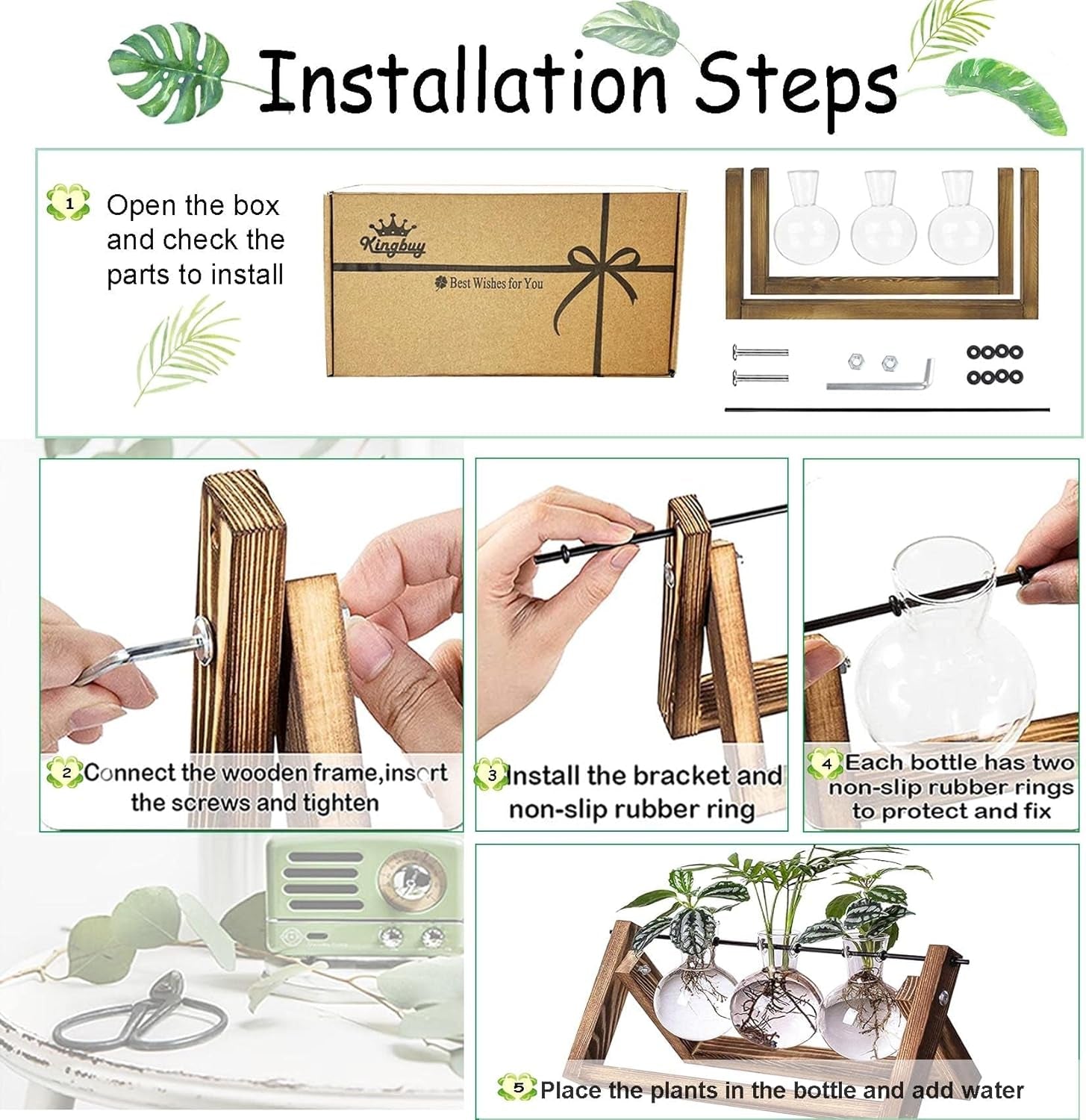 Plant Terrarium Propagation Station - 3 Glass Bulb Vases with Retro Wooden Stand Boho Desktop Planter for Hydroponics Home Garden Indoor Home Office Decor Unique Gifts for Women & Plant Lovers