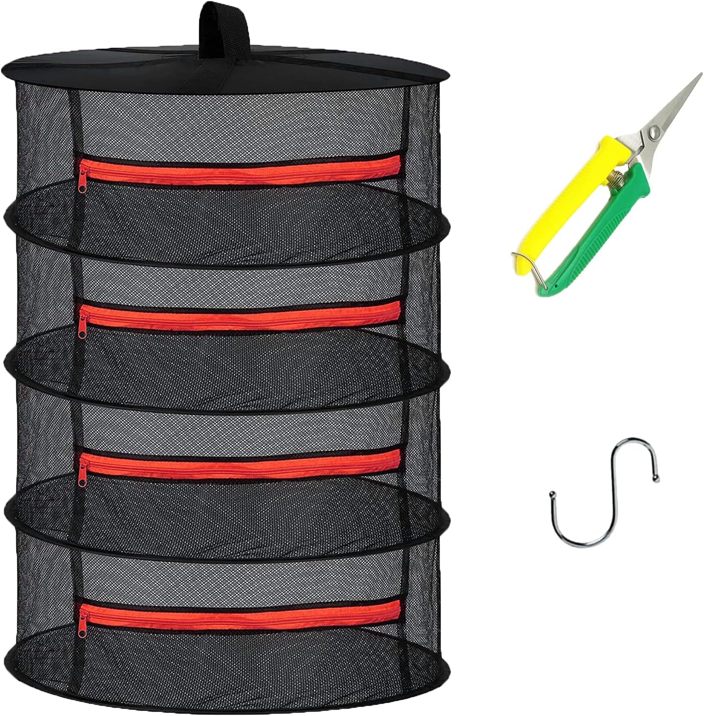 Herb Drying Rack Net 4 Layer Hanging Drying Rack Net with Zipper, 2Ft Plant Drying Rack Net with Pruning Scissors, Hook, for Drying Seeds, Herb, Bud, Hydroponic Plants