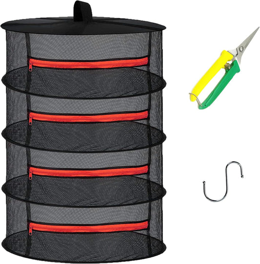Herb Drying Rack Net 4 Layer Hanging Drying Rack Net with Zipper, 2Ft Plant Drying Rack Net with Pruning Scissors, Hook, for Drying Seeds, Herb, Bud, Hydroponic Plants
