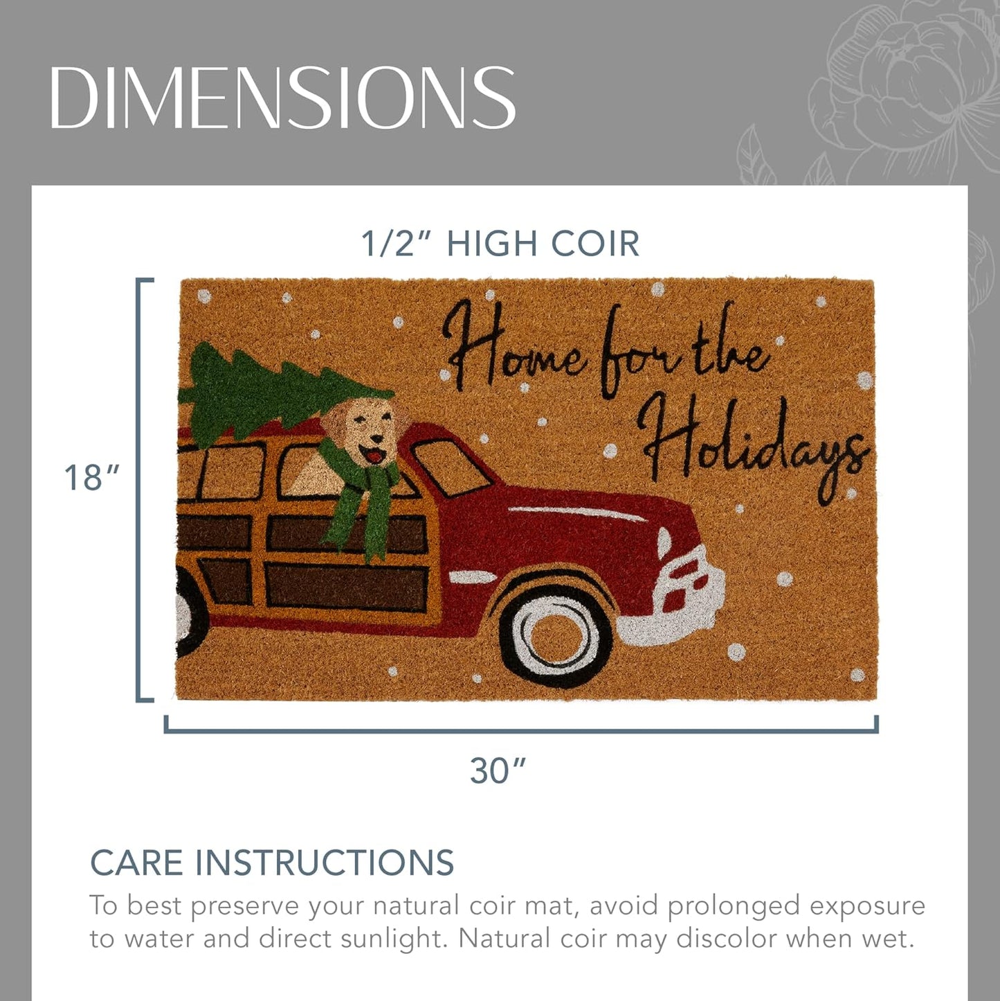 Home Fashions Farmhouse Living Coir Outdoor Doormat, Natural Entry Mat, Front Door Decor, 18" X 30", Home for the Holidays