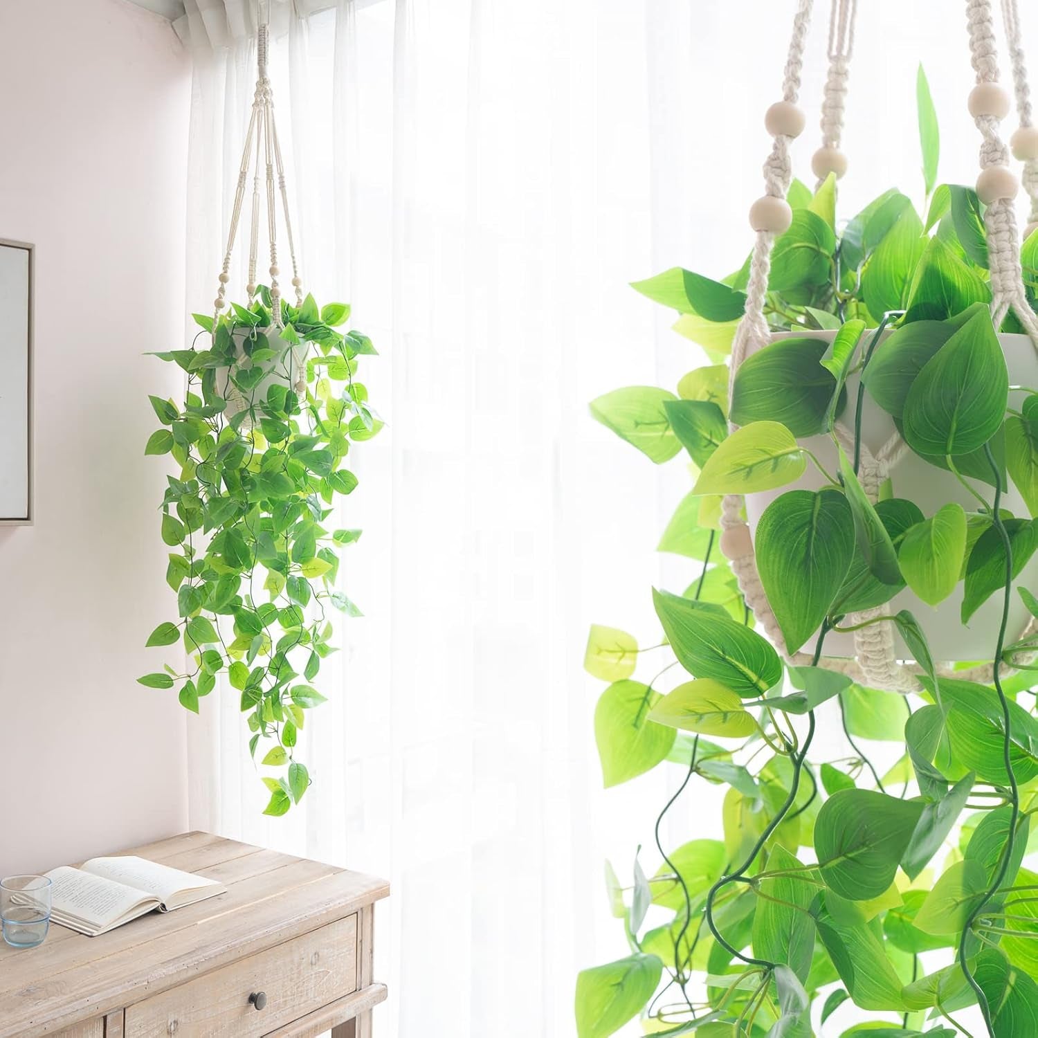 3 Pack Macrame Plant Hangers Indoor Different Size Hanging Planter Basket Flower Pot Holder with Beads No Tassels 35"/29"/23", Medium, Ivory