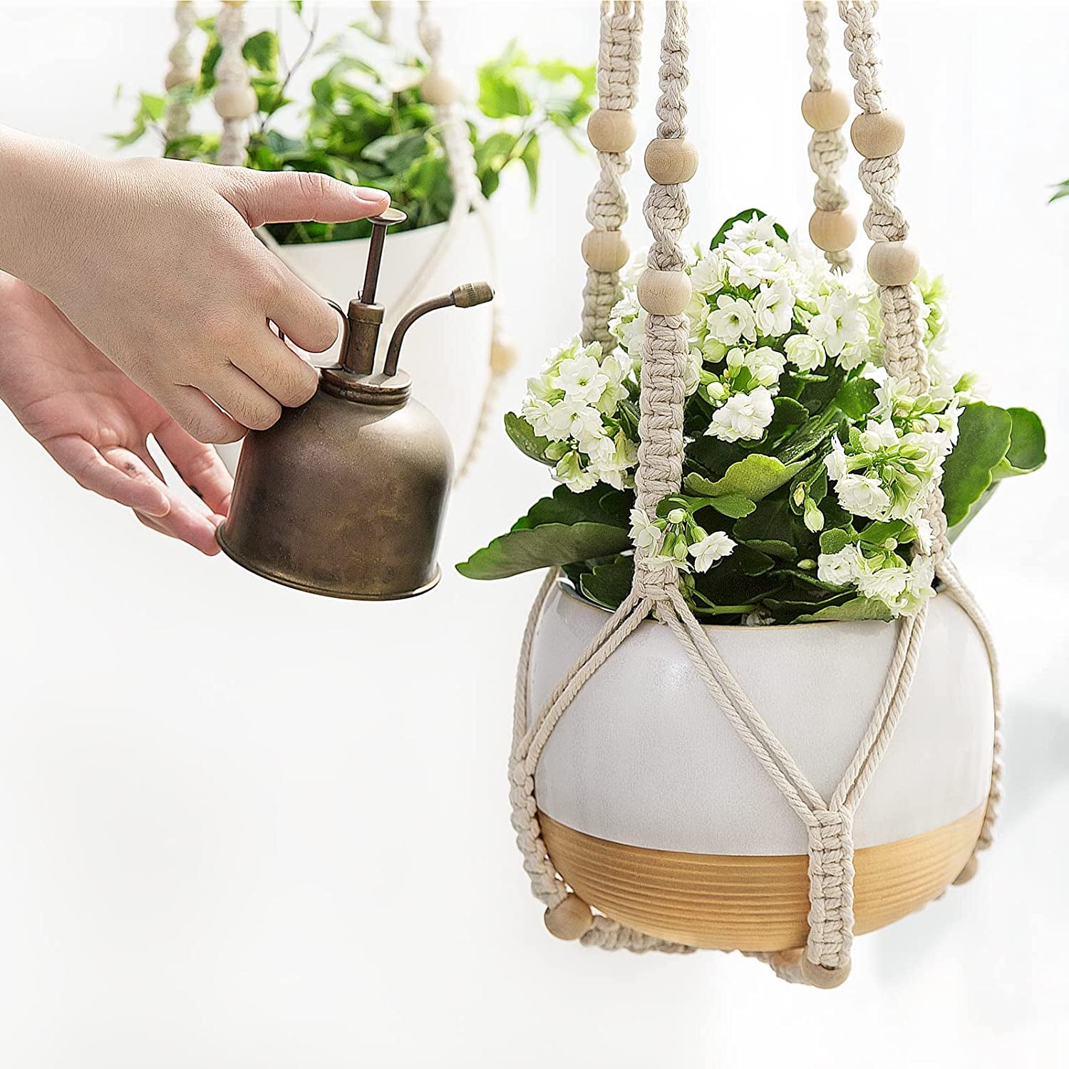 3 Pack Macrame Plant Hangers Indoor Different Size Hanging Planter Basket Flower Pot Holder with Beads No Tassels 35"/29"/23", Medium, Ivory