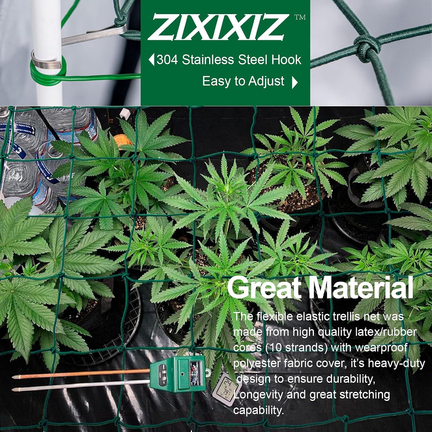Trellis Netting for 4X4 Ft Grow Tents, Dual-Layer Flexible Net 3X3 Ft with Stainless Steel Hooks&Plant Labels&Garden Plant Twist Tie &Hook and Loop Tape (49&100 Meshes)