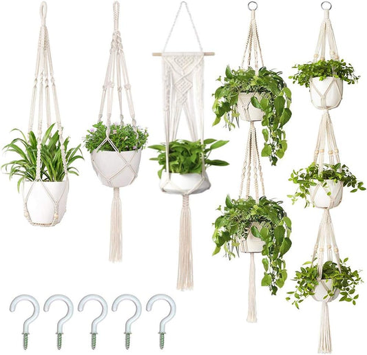 5 Pack Macrame Plant Hanger Outdoor Indoor Hanging Planters + 5 Hooks, Hanging Plant Holder Basket Decorative Macromay Plant Hanger for Boho Home Decor (Different Tiers, 5 Sizes)