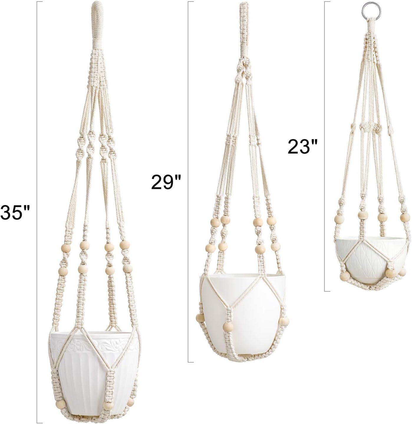 3 Pack Macrame Plant Hangers Indoor Different Size Hanging Planter Basket Flower Pot Holder with Beads No Tassels 35"/29"/23", Medium, Ivory