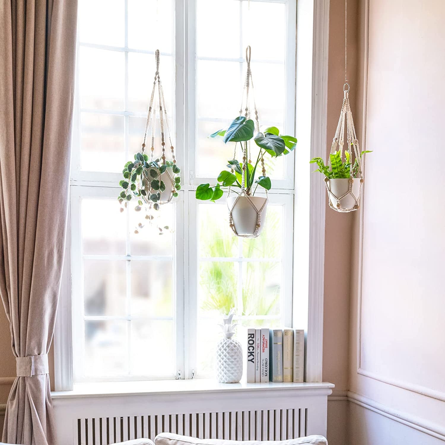 3 Pack Macrame Plant Hangers Indoor Different Size Hanging Planter Basket Flower Pot Holder with Beads No Tassels 35"/29"/23", Medium, Ivory