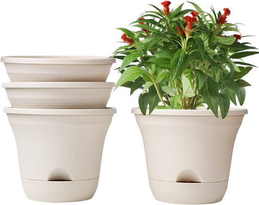9.5 Inch Self Watering Planter Pot Set of 4 Long-Term Water Storage Plant Pot Deep Reservoir Planter Pot Container for House Plants, Flowers, Herbs, Succulents Home Decoration (Beige)